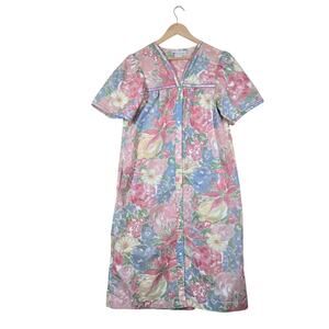 Vintage 80s Vandemere Housedress Dress House Coat M Pastel Floral Cottagecore